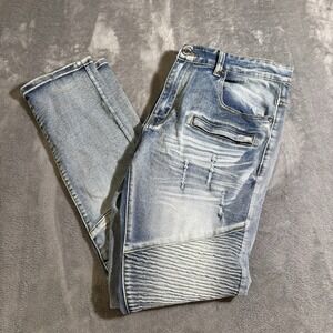 M. Society Mens Blue Streetwear Light Wash Zippers Slim Straight Jeans 36X32